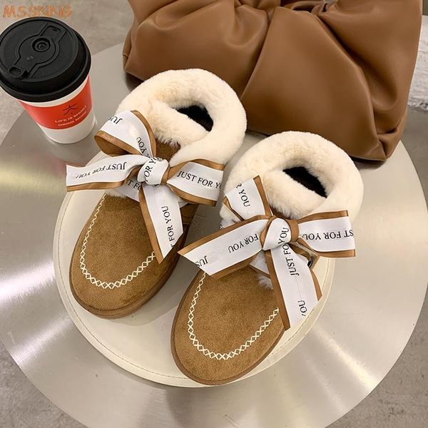 

boots cute bow women winter cotton shoes plush warm snow ladies casual flat short solid color furry females feetwear, Black