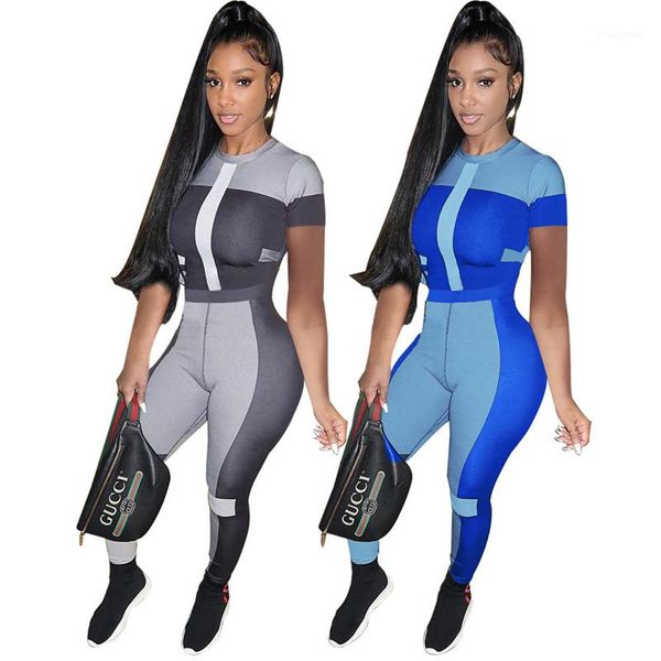 

short sleeve long pants womens 2pcs sets casual females clothing colors panelled womens designer tracksuits fashion, Gray