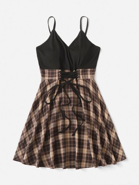 

plus plaid print lace up front cami dress 25pv#, Black