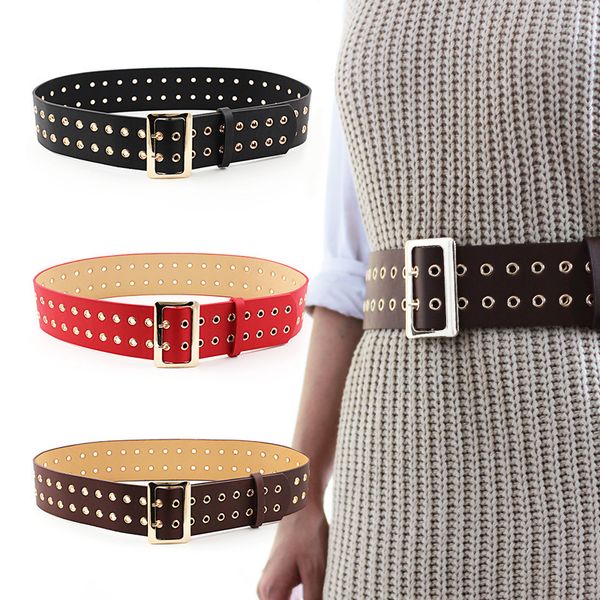 

designer punk belt for women double/single eyelet grommet leather buckle adjustable women belt jeans decoration women belts for pants, Black;brown