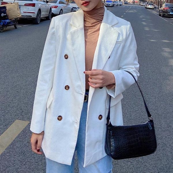 

women's suits & blazers [ewq] 2021 spring female elegante casual notched collar long-sleeved double breasted solid color green minimali, White;black