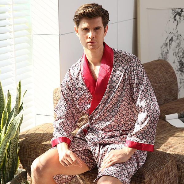 

men kimono home silk bathrobe men soft cozy thin long-sleeved bath gown emulation silk bathrobe shorts suit large size -5xl, Black;brown