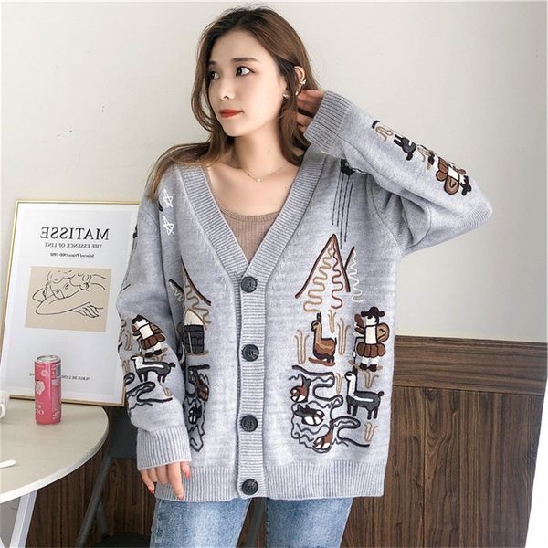 

women embroidery knitted cardigan korean fashion long sleeve warm jumper winter casual loose streetwear sweater outwear, White;black