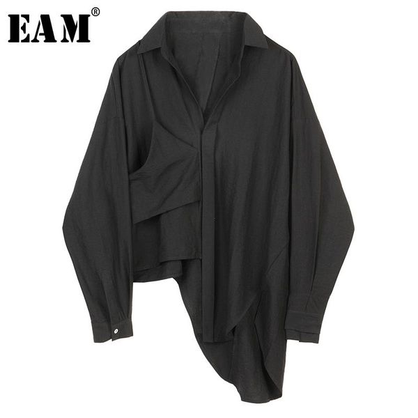 

women's blouses & shirts [eam] women black asymmetrical big size blouse lapel long sleeve loose fit shirt fashion tide spring autumn 20, White