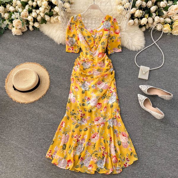 

2021 women elegant ruumpet summer v neck slim short sleeve vintage floral printed midi es ladies boho beach uzg9, Black;gray