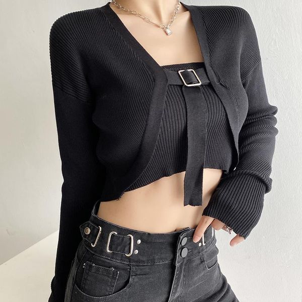 

women's knits & tees 2021 spring girl suit v-neck tie knitted cardigan with tskinny crop tube + slim short 2 set, White
