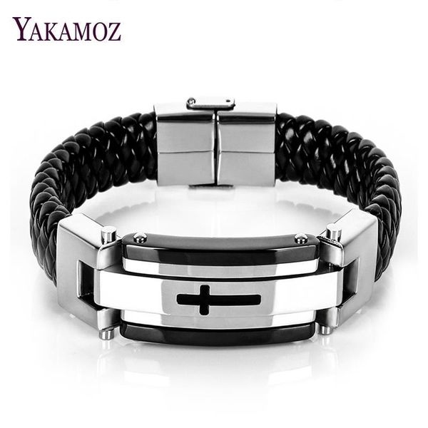 

charm bracelets yakamoz fashion cross stainless steel magnetic clasp braided leather men's punk bangle jewelry christmas gift 21 cm, Golden;silver