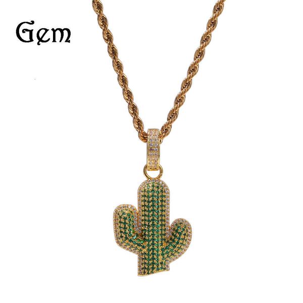 

hip hop solid cactus micro zircon pendant street hiphop men's necklace, Silver