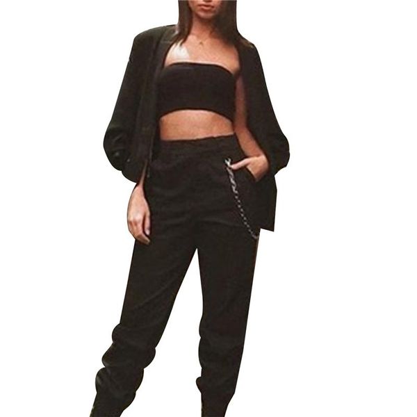 

women's pants & capris 2021 cargo casual high waist loose hip hop jogger with pockets chain pantalones mujer cintura alta, Black;white