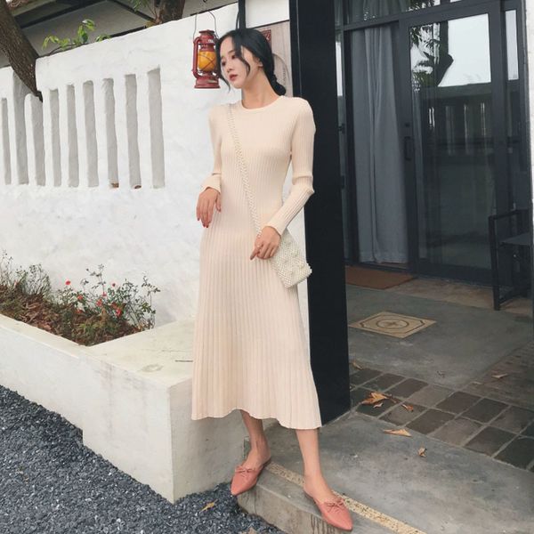 

2021 new women autumn winter a-line sweater elegant knit slim midi female 6xyn, Black;gray