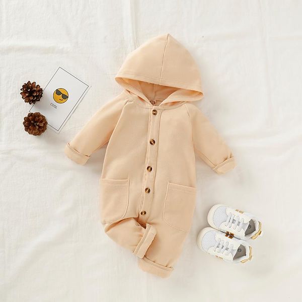 

baby autumn spring new clothing girls solid long sleeve hooded boy button pockets romper kid winter warm rompers, Blue