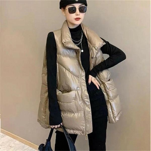 

women's vests autumn winter thick glossy down cotton vest women jacket casual stand-up collar coat parka ladies sleeveless waistcoat g1, Black;white