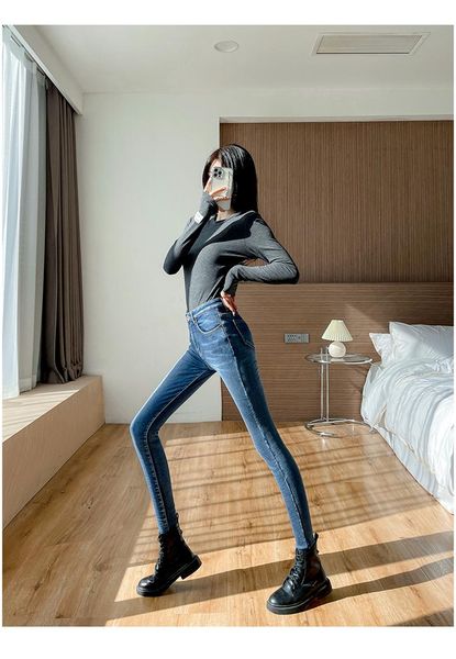 

women's jeans high-waisted plus velvet spring and autumn 2021 style thin tight-fitting thick warm winter feet long pants, Blue