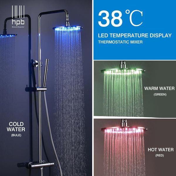 

hpb brass chrome bathroom led thermostatic shower faucet set with 10 inch round shower head bath mixer tap hp8803