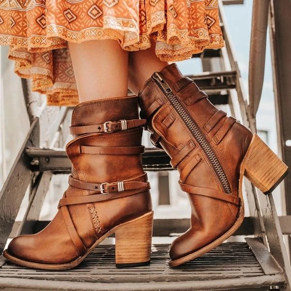 

boots vogue buckle ankle woman women high-heeled multi-layer zipper solid color retro nice vintage belt, Black