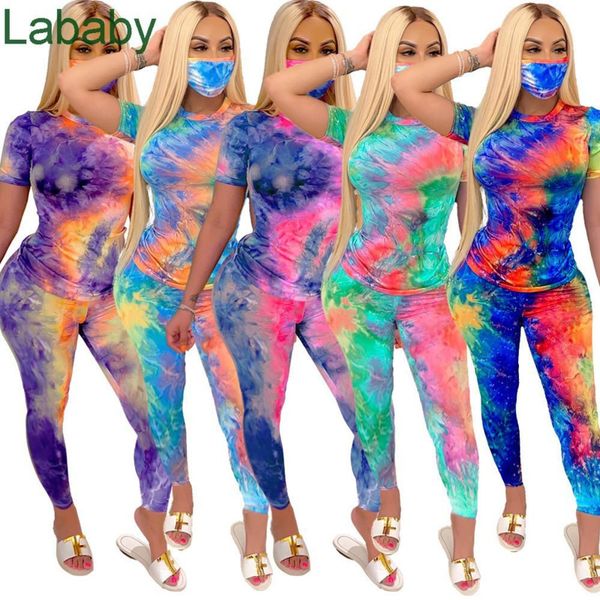 

women two piece short outfits designe tracksuits tie dye with mask short sleeve t-shirt tight pants suit club shorts matching casual 2021, Gray