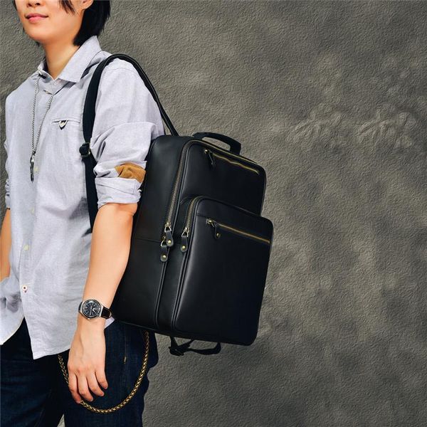 

backpack simple casual men's large-capacity outdoor travel retro natural genuine leather ladies black computer school bag