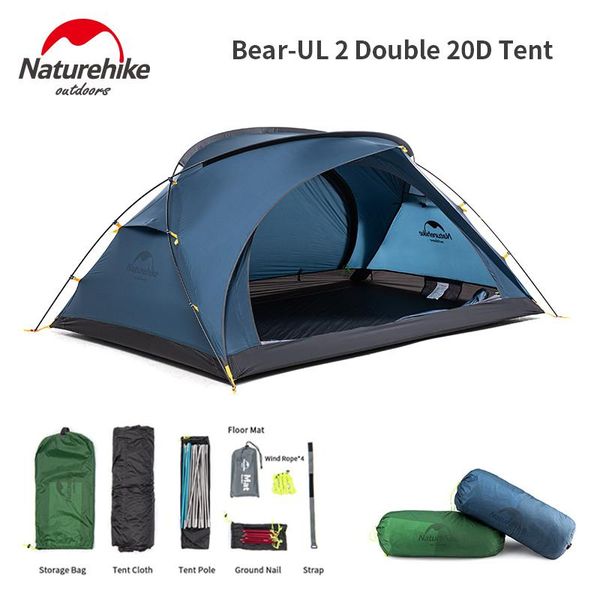 

naturehike bear-ul2 persons camping tent outdoor ultralight 20d nylon fabric double door large space waterproof tent with mat