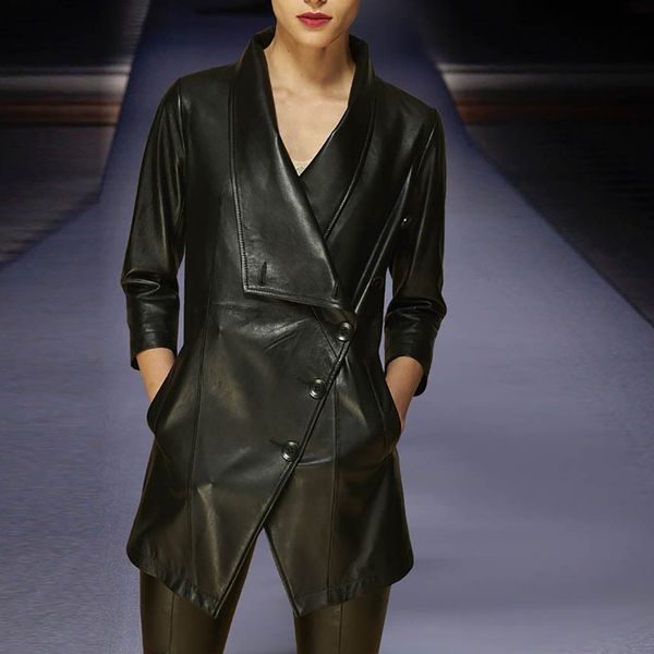 

fashion pu leather long jacket 2021 new autumn women loose belt pu leather windbreaker trench coat slim winter jacket#j30 mq59, Black