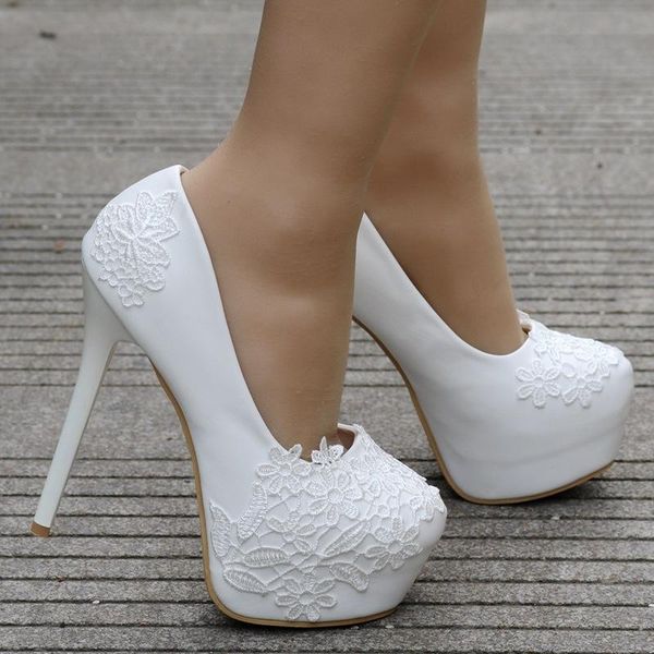 

dress shoes thin high heels pumps women wedding party banquet lace pu slip on 14cm round toe waterproof shallow white, Black