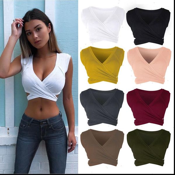 

tank women crop deep v neck sleeveless slim fit solid for summer fs99, White