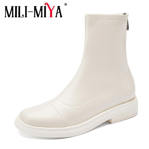 

boots mili-miya arrival stretch leather women ankle autumn zip fashion square mid heel casual black beige daily life shoes