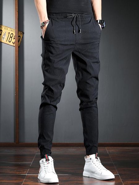 

men's pants fashion black casual men elastic waist drawstring slim trousers