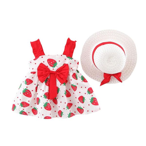 

girl's dresses 18m-4t born baby girls summer suspenders strawberry print fashion princess dress hat clothes outfit baby's clothing, Red;yellow