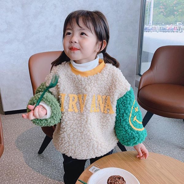 

pullover winter spring autumn sweater warm kids girl high neck thicken plus velvet lamb wool letter outfits baby children's coats, Blue