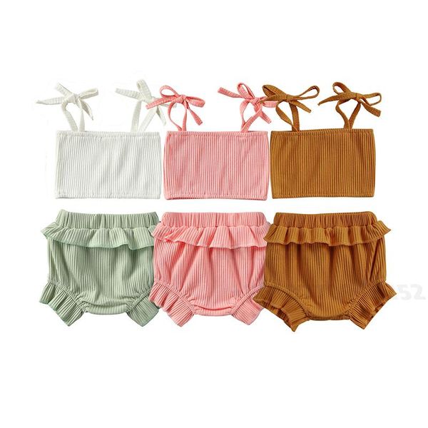 

summer toddler baby girl clothes sets solid color cotton ribbed 2pieces sleeveless straps tank crop +ruffles shorts 0-24m, White