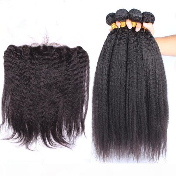 

malaysian coarse yaki human hair bundles deals 4pcs with frontal 5pcs lot kinky straight virgin hair weaves with 13x4 lace frontal closure, Black;brown