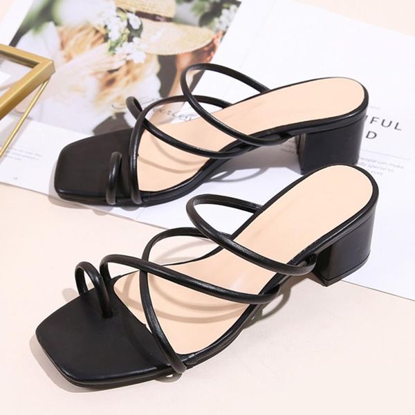 

women thick-heeled slippers, high-heeled summer large size soft-soled hole shoes women cross-strap slippers, Black