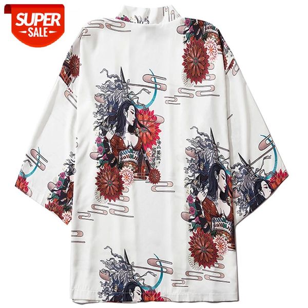 

2021 summer hip hop japanese kimono jacket harajuku charming geisha print loose shirt streetwear front open coats #k99g, Black;brown