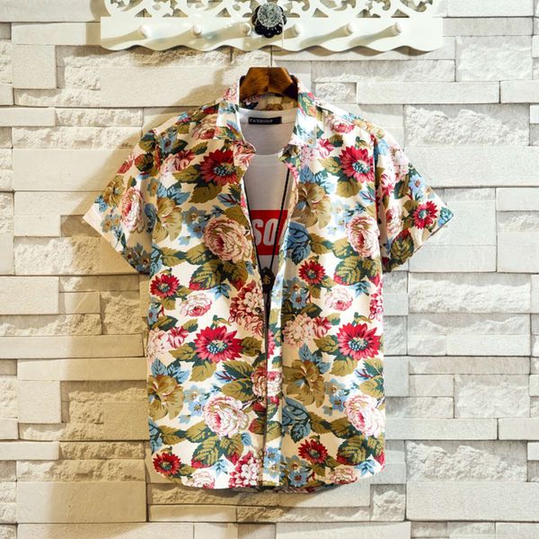 

2021 summer new floral short youth fashion printing large size thin half sleeve no iron men's shirt, White;black