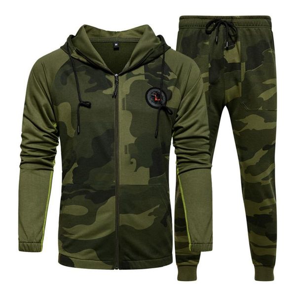 

autumn 2021 new sports suit two-piece sets men's hooded camouflage homme brand zipper tracksuit jogging casual men clothing, Gray
