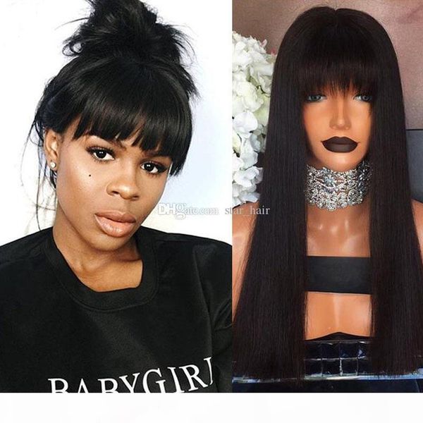 

full lace wigs & lace front wigs 100% brazilian human hair straight with bangs no shedding with baby hair along the perimeter, Black;brown