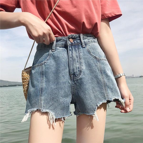 

women's jeans 2021 summer loose frayed stitching denim shorts, Blue