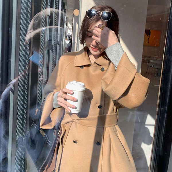 

2021camel breasted double faced cashmere women autumn and winter 2020 medium long woolen coat for small man, Black