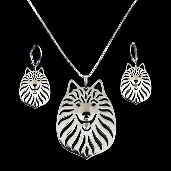

earrings & necklace women' american eskimo jewelry set lovers' dog, Silver