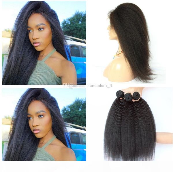 

kinky straight human hair indian vrigin hair with pre plucked 360 lace frontal for black women #1 natural color hair extensions ship, Black;brown