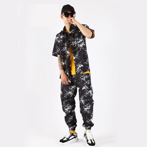 

men's casual shirts male streetwear loose hip hop shirt stage clothing short sleeve print, White;black