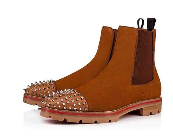 

2021fashion luxury men red bottom designer ankle boots low heels genuine leather suede with rivets melon spikes flat mens knight booties, Black