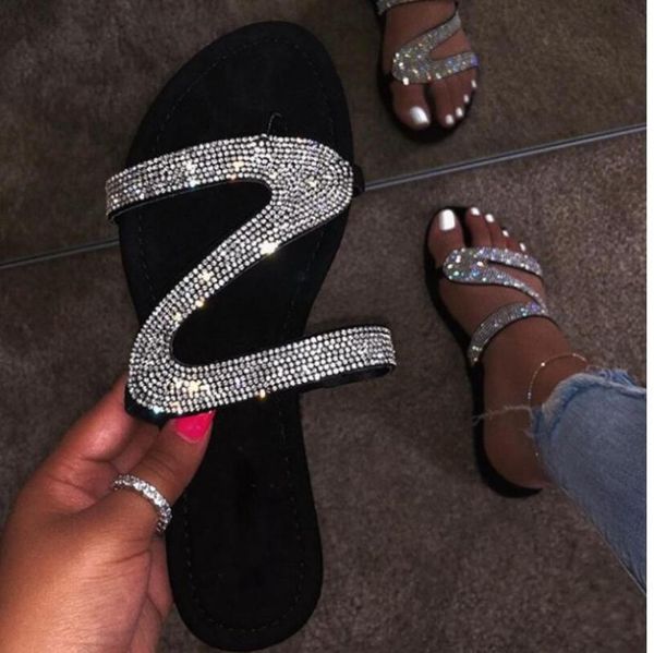 

slippers 2021 women flip flops summer crystal diamond bling beach slides sandals casual shoes slip on slipper, Black