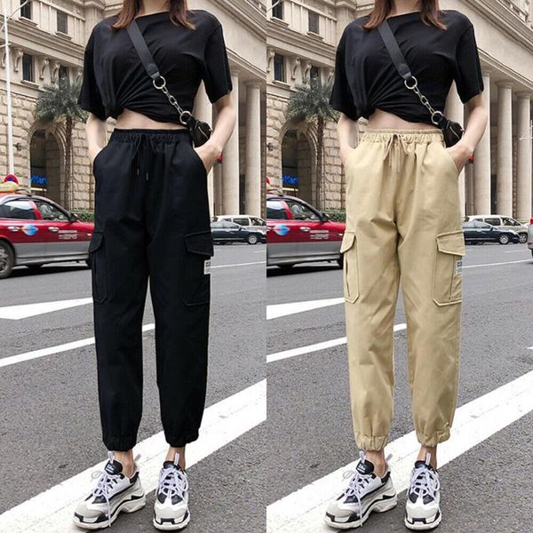 

women's pants & capris casual cargo solid color high elastic waist long with pockets autumn ladies loose pencil trousers streetwear, Black;white