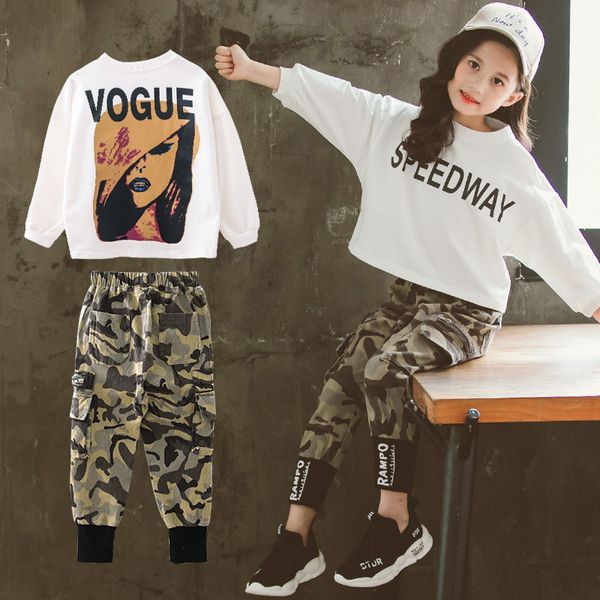 

girls fall outfit set autumn new fashion long-sleeved t-shirt + camouflage pants girls clothes 10 12 years teenage clothing 210225, White