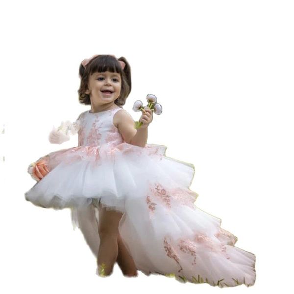 

girl's dresses lace appliques flower girl dress tulle layers puffy baby first communion high/low backless little bride, Red;yellow