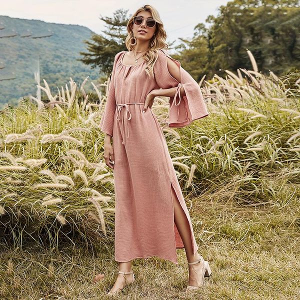 

boho elegant o-neck maxi dresses split high waist spring long sleeve solid color ladies long dress casual retro beach dress 2021, Black;gray