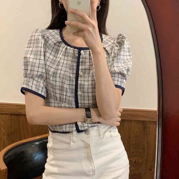 

women's blouses & shirts korean all-match thin vintage puff sleeve pearl button lady shirt o neck cotton single-breasted short blo, White