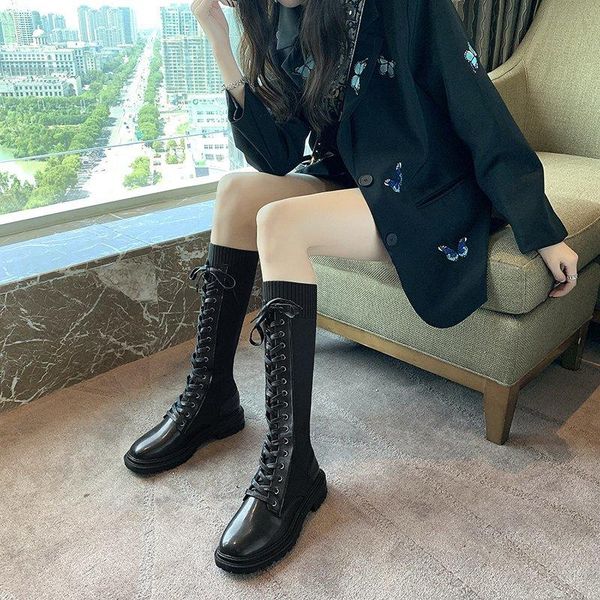 

boots women chunky heel ankle boot fashion knitting woman shoes autumn female platform short casual lace up botas de mujer, Black