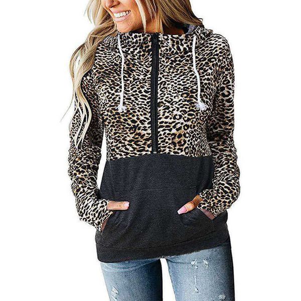 Leopar Kamuflaj Baskı Patchwork Fermuarlı Cep Tops Kadınlar Uzun Kollu Gevşek Kapşonlu Kazak Moda Rahat Kazaklar Hoodies 210930